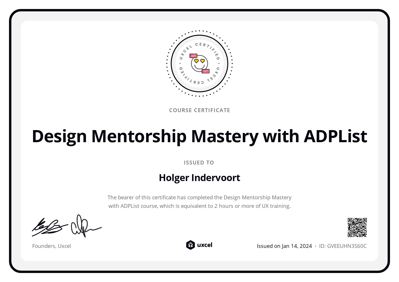 Holger Indervoort's certificate